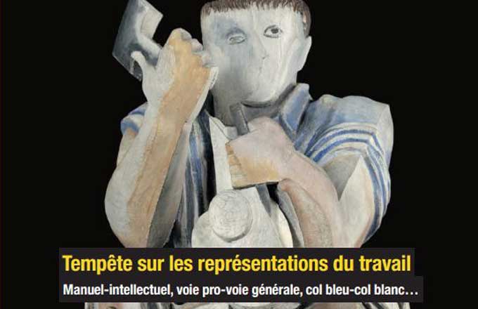 Détail de la couverture du livre de Laurence Decréau sur les représentations du travail (Presse des Mines, jan. 2019). En photo, Le Sculpteur par Ossip Zadkine, bois d’orme polychromé, 1939-1940, Musée d’art moderne, en dépôt au musée d’Art Moderne de Saint-Étienne, crédit ADAGP-Paris 2018